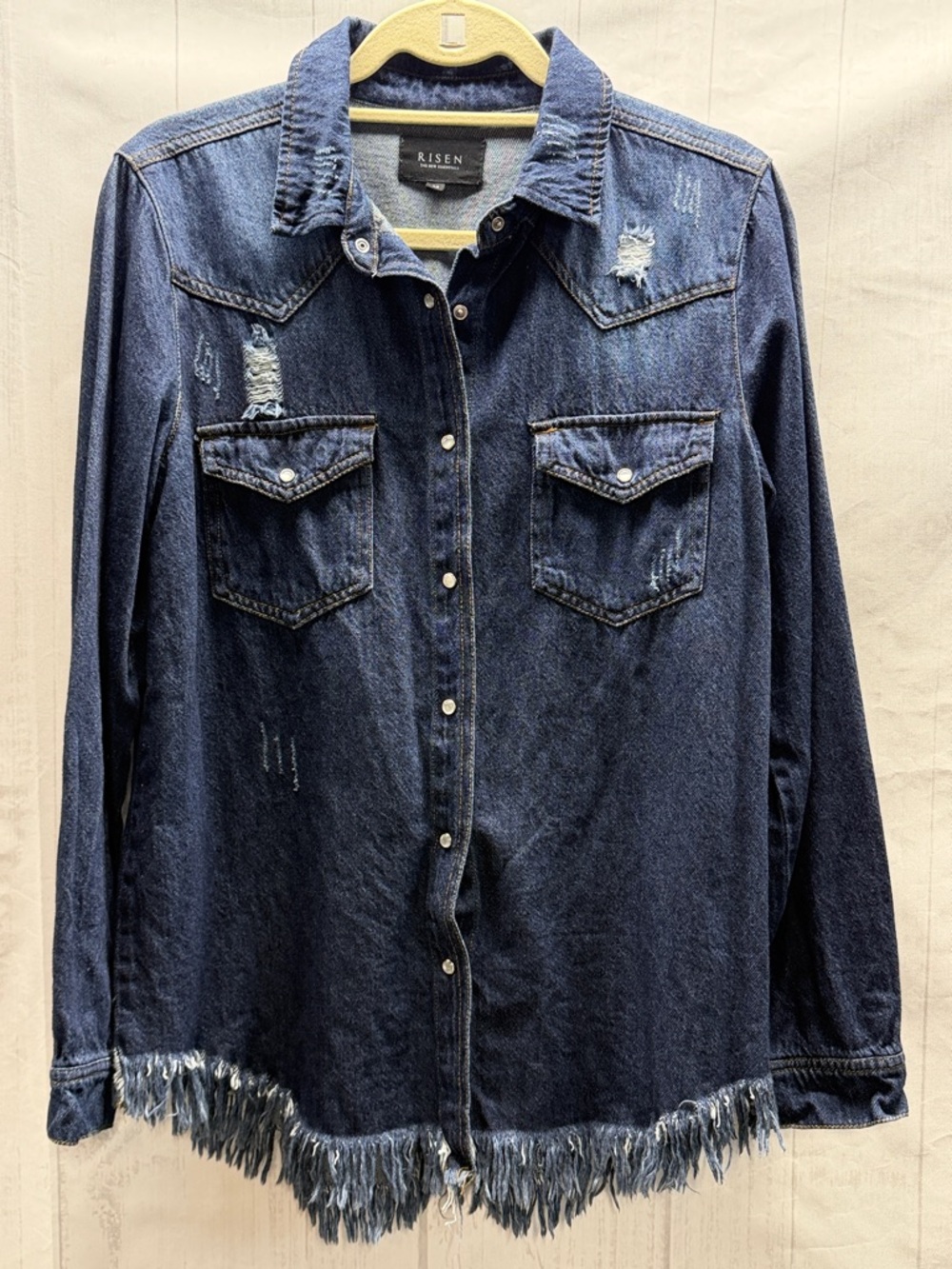 RISEN Dark Denim Distressed Snap Front Frayed Hem Jean Shirt Jacket Shacket